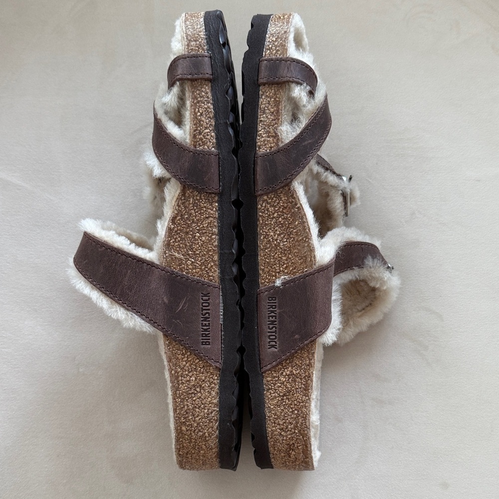 Birkenstock women’s Sandals Mayari Brown oiled leather shearling wool Fur 39 NEW - Picture 5 of 5